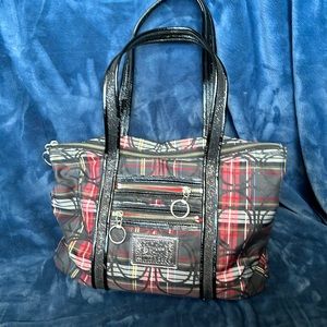 Medium Coach tote. Red and black plaid